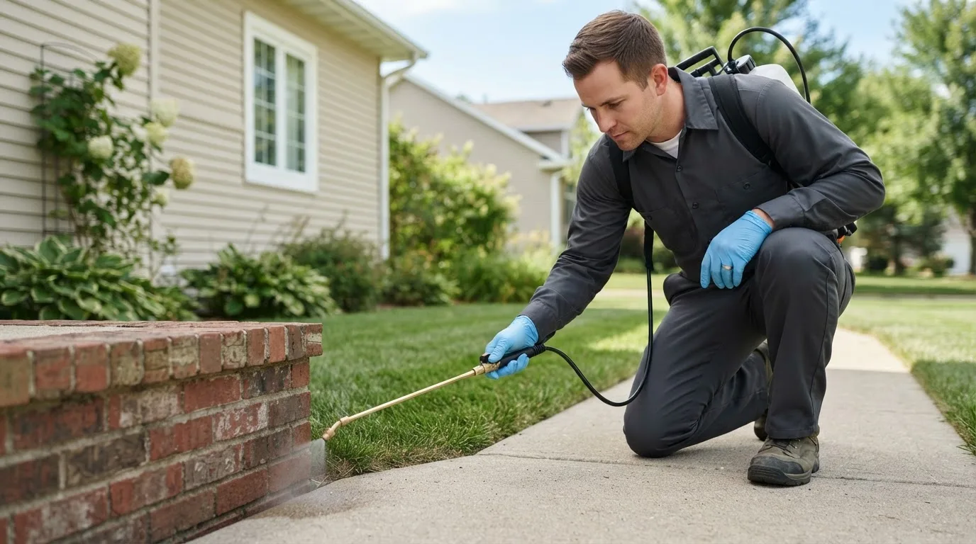 Pest control technician treating a home near Garland, NC